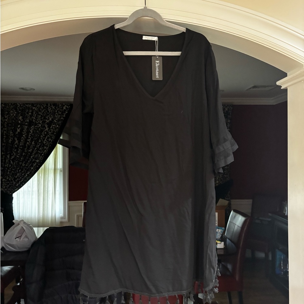 Black Flutter Sleeve V-Neck Mini Dress